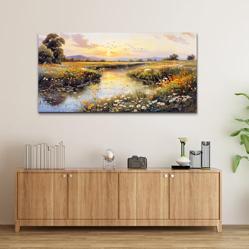 Large Canvas Wall Art For Bedroom Wall Decorations For Living Room Office Decor Rivulet View Painting Farmhouse Field Scenery Watercolour Pictures Home Decoration Ready To Hang 24x48 In