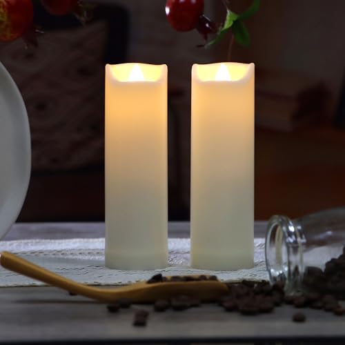 Waterproof Outdoor Battery Operated Flameless Candles with Auto Timer Flickering Plastic Resin Electric LED Slim Pillar Lights for Lantern Patio Garden Wedding Decorations 2”x7” 2 Pack (2 Count)