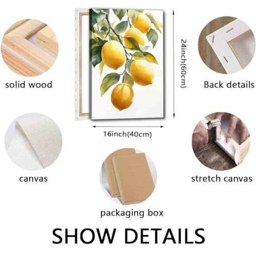 Lemon Tree Canvas Wall Art Vintage Lemons Painting Lemon Branch Wall Art Rustic Fruit Pictures Fruit Market Print Vintage Citrus picture Still Life Painting Living Room Decor 16x24inch Framed