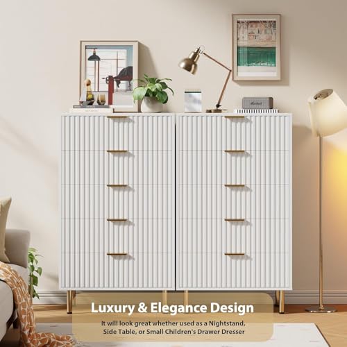 48" Fluted White 5 Drawer Dresser for Bedroom with Deep Drawers