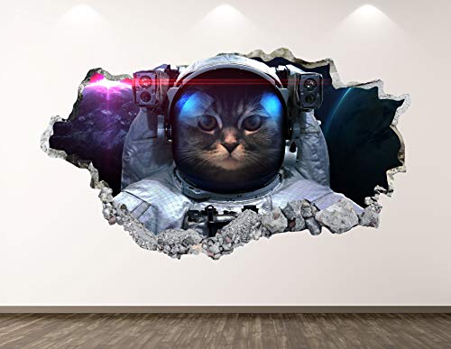 Astronaut Cat Wall Decal Art Decor 3D Smashed Space Sticker Poster Kids Room Mural Custom Gift BL203