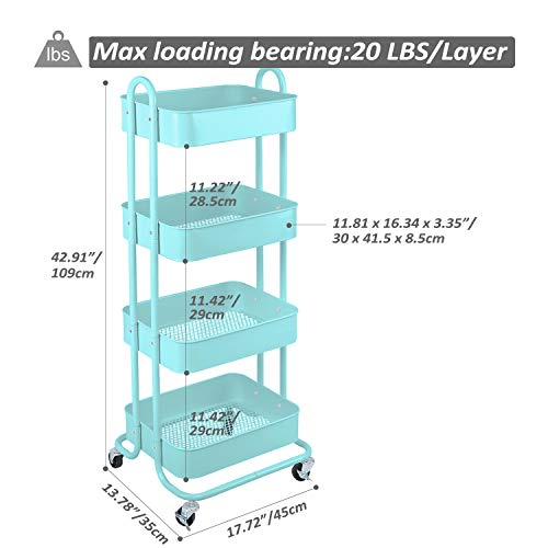4 Tier Metal Mesh Utility Rolling Cart Storage Organizer Shelf Rack with Lockable Wheels for Living Room Kitchen Office