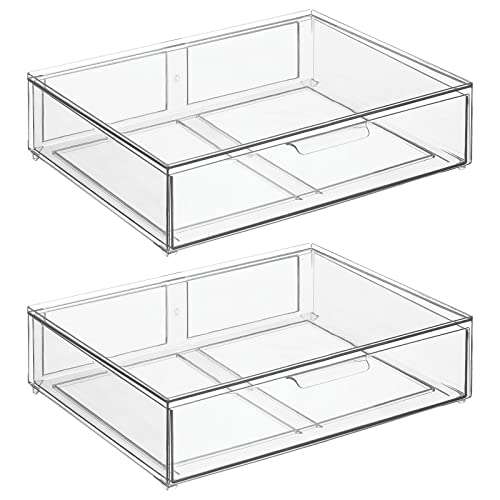 Wide Plastic Stackable Bathroom Storage Organizer Bin with Pull Out Drawer for Cabinet (2 Count)