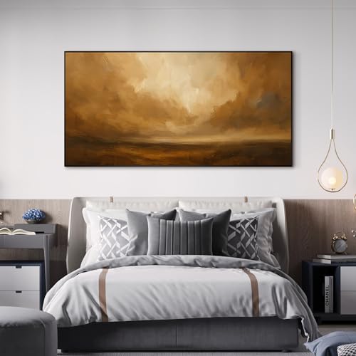 24"x46" Extra Large Framed Wall Art Golden Horizon Abstract Landscape Warm Brown and Amber Sky Illustration for Home Living Room Bedroom Decor