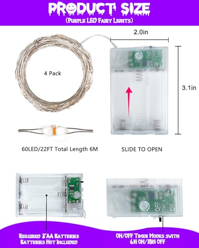 4 Pack 60 LED Fairy Lights Battery Operated with Timer 20FT Halloween Light