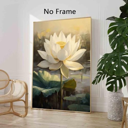 Lotus Flower Poster Summer Flower Picture Zen Lotus Pond Painting Water Lily Poster Green Plants Paintings Zen Canvas Botanical Art Print Vintage Floral Wall Art Modern Room Decor 16x24inch No Frame