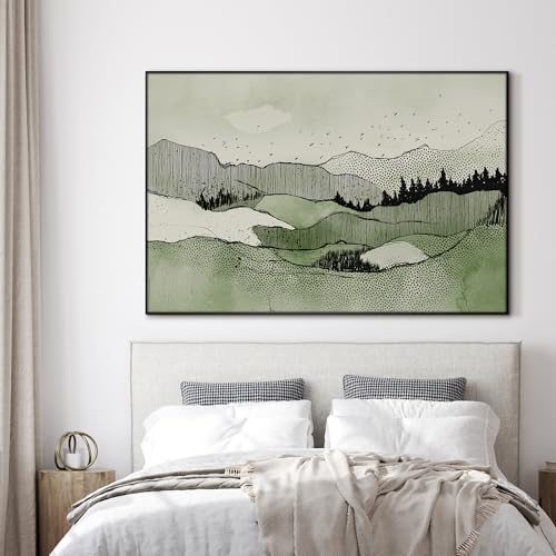 46"x72" Extra Large Framed Wall Art Green Line Art Mountain Landscape Illustration for Home Living Room Bedroom Decor