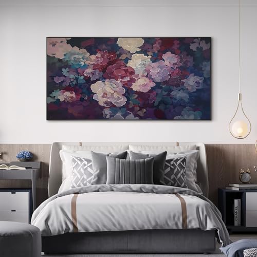 24"x46" Extra Large Framed Wall Art Bold Peony Bloom in Colorful Impressionist Style