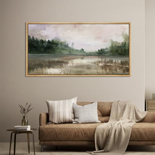 Extra Large Framed Canvas Print Wall Art Tranquil Lake Reflections Nature Landscape Illustrations Antique Retro Fine Art Illustrations Decorative Colorful for Bedroom