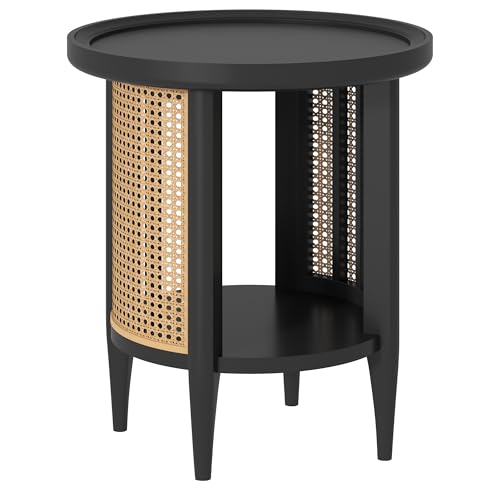 Round End Table Rattan Style Side Table with Solid Wood Legs