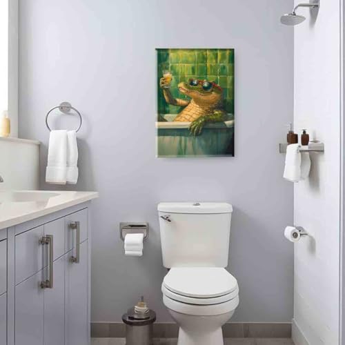 Funky Animals Wall Art Bathroom Humor Poster Animal in Bathtub Painting Aesthetic Cocktail Picture Crocodile Artwork 16x24inch framed