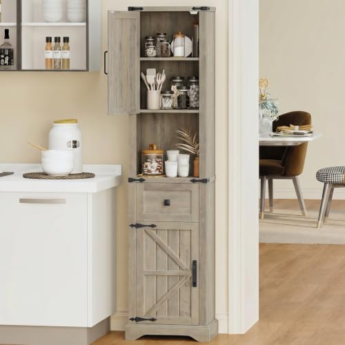 66" Tall Farmhouse Bathroom Storage Cabinet with Barn Door