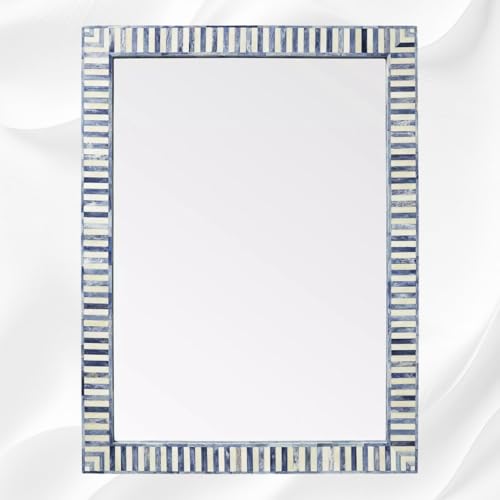 Hansa Industries Bone Inlay Wall Mounting Mirror Bar Harbor Blue Striped Waterfall Pattern Decorative Aesthetic Mirror with Wooden Frame for Home Centerpiece Décor Item