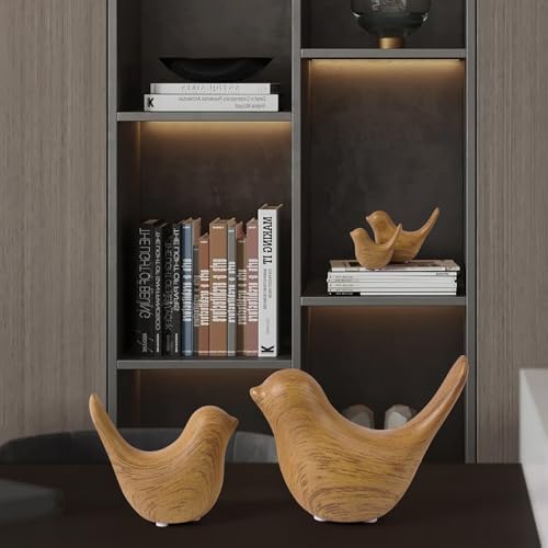 Wood Look Ceramic Birds Statues Home Decor Modern Style Decorative Ornaments for Living Room (2 Count)