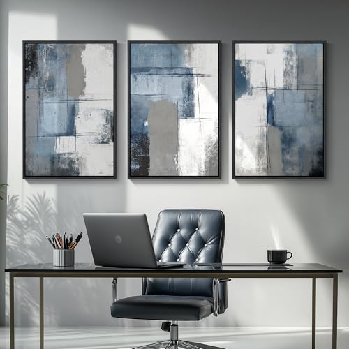 Large Framed Blue and Gray Abstract Wall Art for Living Room (3 Count)