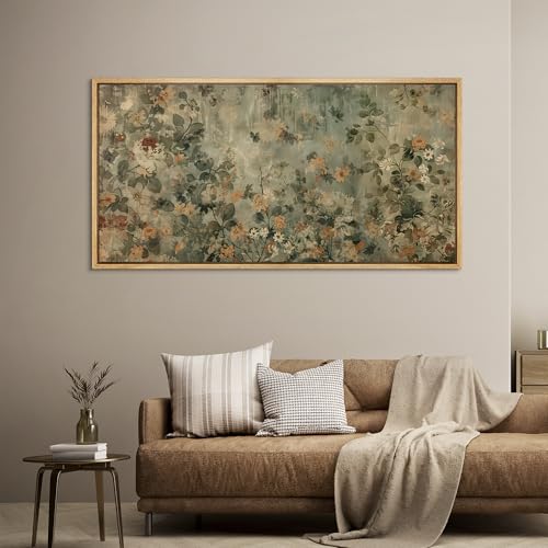 Extra Large Framed Canvas Print Wall Art Minimalist Ink Branches Illustrations Antique Retro Fine Art Illustrations Decorative Colorful for Bedroom