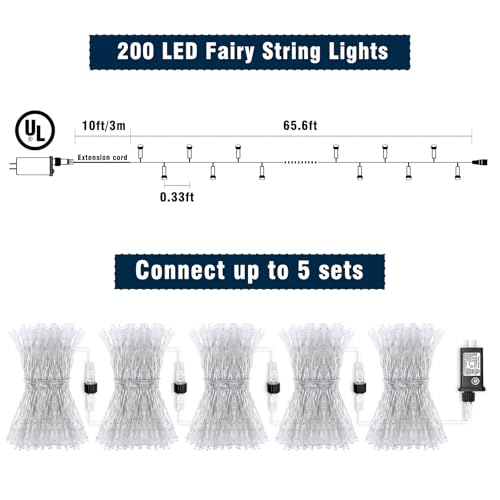 Christmas Lights Outdoor Waterproof Colorful String Lights Indoor 8 Modes Clear Wire 66ft 200 LED