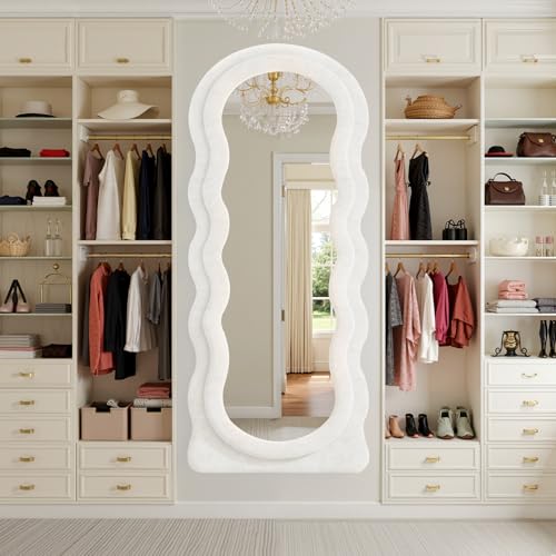 Full Length Mirror 71"x30" Arched Wavy Full Body Wall Mounted Floor Mirror Ivory Flannel Frame Leaning Hanging Wall Mirror for Bedroom Entrance