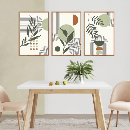 KAlRNE Sage Green Boho Beige Framed Wall Art Botanical Set (3 Count)