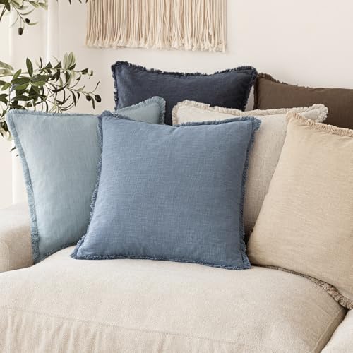 Boho Linen Fringe Lumbar Throw Pillow Covers 12×20 Misty Blue (2 Count)