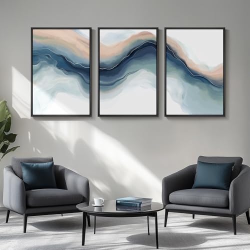 Large Framed Blue Abstract Landscape Wall Art for Living Room (3 Count)
