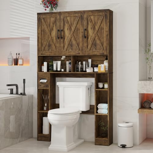 Over The Toilet Storage Cabinet with 3 Barn Doors.Dark Brown