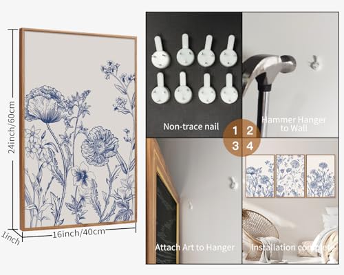 Large Classic Chinoiserie Flower Framed Canvas Wall Art Set (3 Count)
