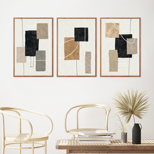 KAlRNE Neutral Abstract Wall Art Beige Block Lines Prints Set (3 Count)