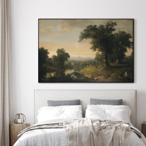 46"x72" Extra Large Framed Wall Art Classic River Valley Landscape Vintage Style Countryside Illustration for Home Living Room Bedroom Decor