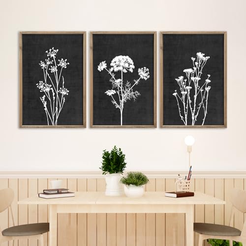 Flower Plant Wall Art Decor 16"x11" Set of 3 Black And White Wood Black