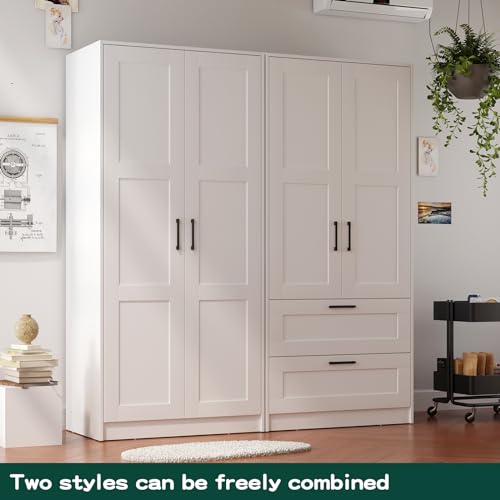 Wood White Wardrobe Closet with 2 Doors and 2 Drawers
