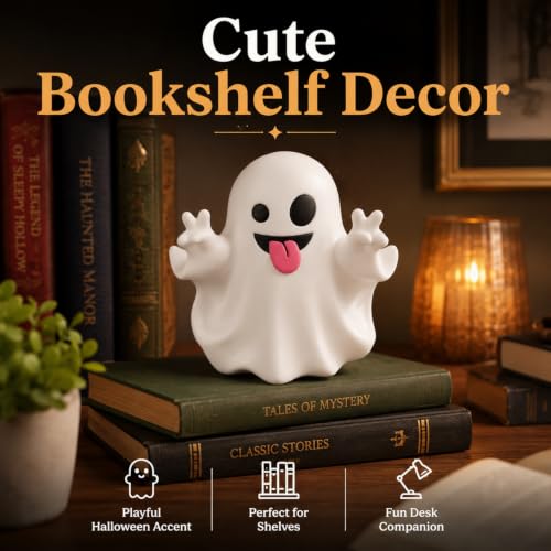 Halloween Ghost Statue Cute Spooky Figurine Desk Ornament Decoration Cartoon Mini Ghost with Funny Tongue Design for Festive Home Office Desktop Shelf Bookcase Decor Display Ornament