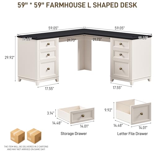 Farmhouse L Shaped Executive Desk with 6 Drawers