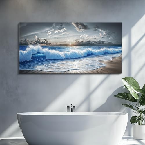 Wall Decor For Living Room Wall Art For Bedroom Office Restaurant Decoration Black White And Blue Ocean Wave Landscape Painting Canvas Pictures Printing Artworks Modern Home Decor 20"X40"