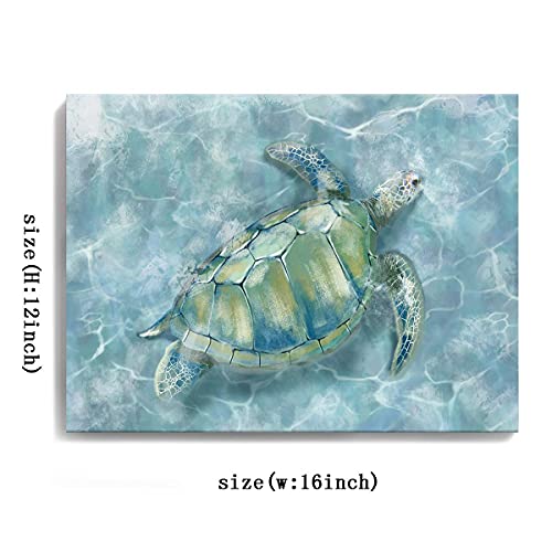 Bathroom Wall Decor Sea Turtle HD Pictures Print on Canvas Wall Art for Bedroom Kitchen Blue Coastal Room Decorations Art Work Green Turtle on Blue 12x16 inches