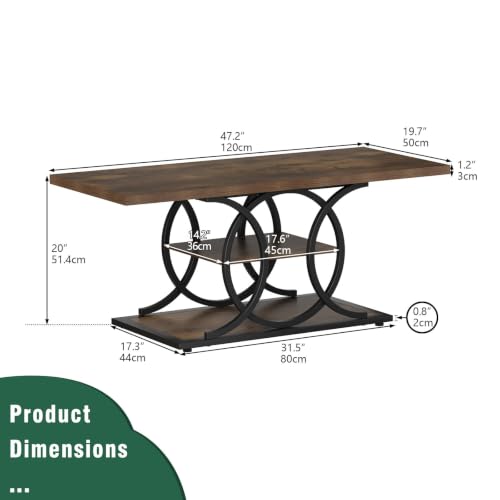 Rustic Coffee Table with Storage Industrial 3 Tier Center Living Room Table Farmhouse Wooden Rectangle Cocktail Tea Table for Office Bedroom Elegant Full Moon Round Metal Frame