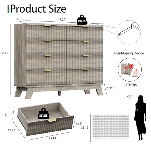 Fluted Dresser for Bedroom with 8 Drawers