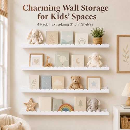 Extra Long White Scalloped Nursery Shelves for Wall (4 Count)