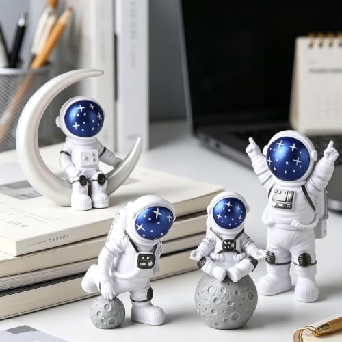 Blue White Astronaut Figurines Statues Set of 4 (4 Count)