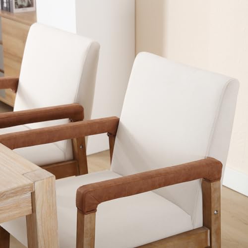 Modern Dining Chairs Set of 4 Linen Fabric Kitchen Arm Chairs Upholstered Accent Chairs with Wooden Legs for Dining Room (4 Count)