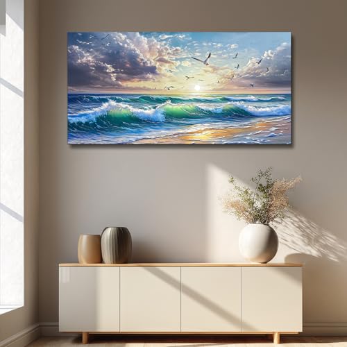 Canvas Wall Art For Living Room Wall Decor For Bedroom Restaurant Modern Office Home Decorations Seaside Landscape Painting Printing Pictures Artworks Poster Mural Ready To Hang 24"X48"