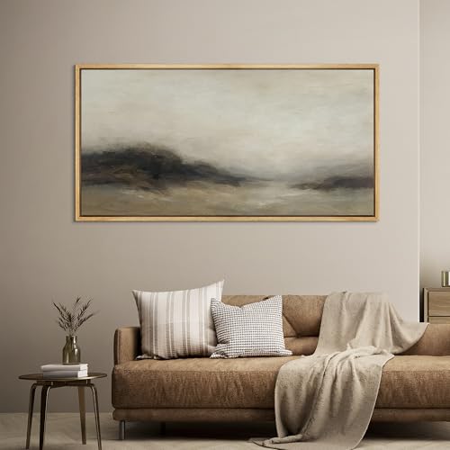 Extra Larg Framed Canvas Print Wall Art Foggy Mountain Horizon Landscape Neutral Tones Abstract Illustrations Decorative Colorful for Bedroom