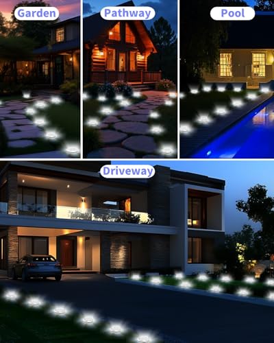 Solar Ground Lights Outdoor 12 Pack Waterproof Upgraded Flat Solar Garden Lights with 4 Side Light Stainless Steel Solar Powered Disc Light for Walkway Pathway Landscape Lawn Yard (12 Count)