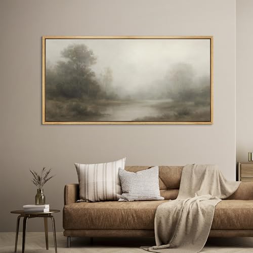Extra Larg Framed Canvas Print Wall Art Misty Forest River Landscape Neutral Tones Nature Illustrations Decorative Colorful for Bedroom