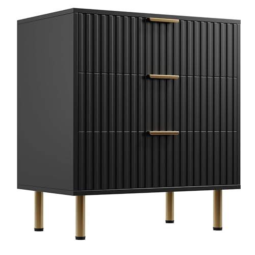 Fluted Black 3 Drawer Dresser for Bedroom with Deep Drawers