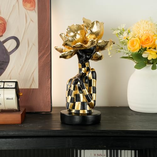 African Woman Sculpture with Golden Flower Headpiece