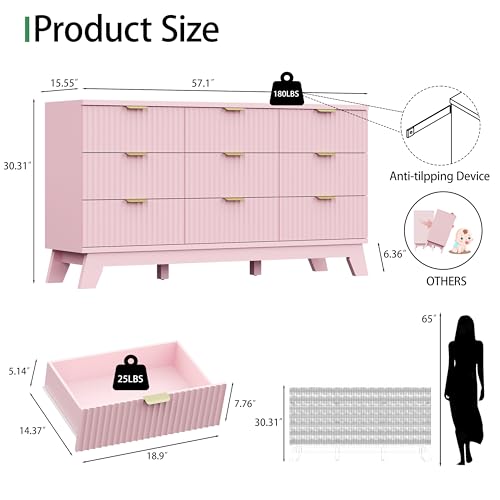 Fluted Dresser for Bedroom with 9 Drawers