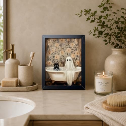Funny Black Cat Bathroom Wall Art Framed Canvas Print