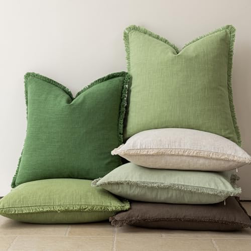 Decorative Linen Fringe Throw Pillow Covers 18×18 Lime Green (2 Count)