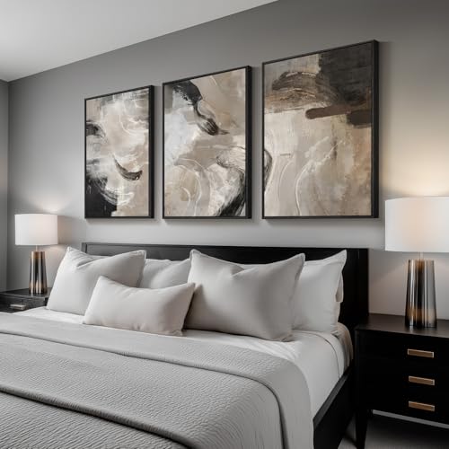 Large Framed Neutral Modern Abstract Wall Art for Living Room (3 Count)
